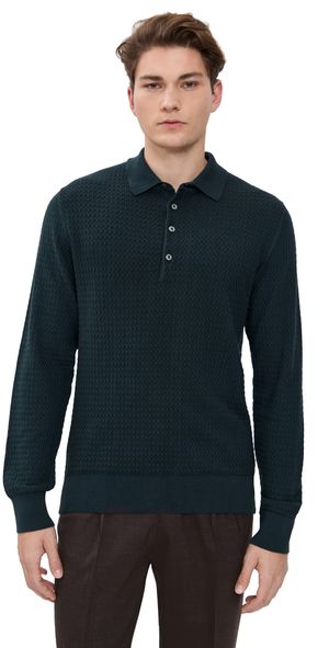 Billy Reid Long-Sleeve Grid Links Sweater Polo Carbon Blue XXL