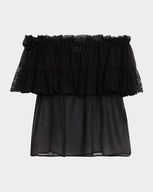 Lace Ruffle Off-The-Shoulder Silk Blouse