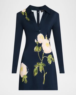 Long-Sleeve Painted White Roses Milano Jersey Mini Dress