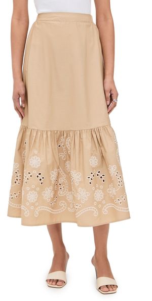 Moon River Eyelet Detail Midi Skirt Khaki L