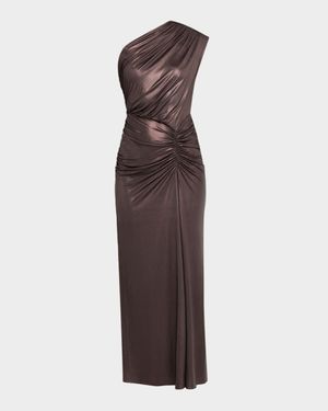 Coated Jersey Ruched One-Shoulder Gown