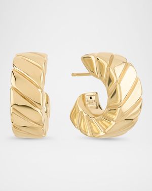 14K Gold Wide Grooved Huggie Earrings