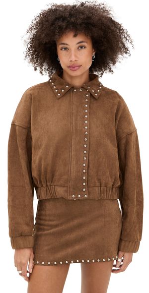 Moon River Stud Detail Zipper Front Faux Suede Jacket Camel M