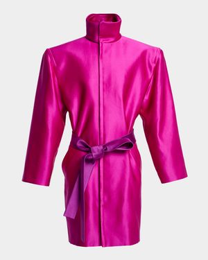 Strong-Shoulder Belted Silk Jacket