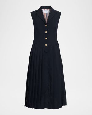 Pleated Button-Front Midi Dress
