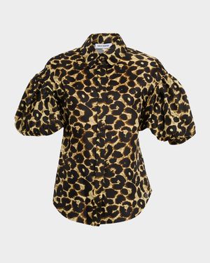 Leopard-Print Puff-Sleeve Button-Down Shirt