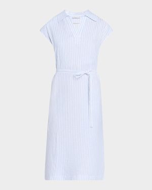 Striped Cap-Sleeve Linen Midi Dress