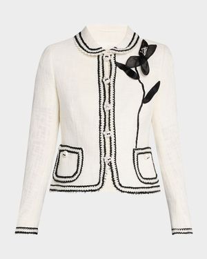 Peter-Pan Collar Cotton-Blend Jacket With Flower