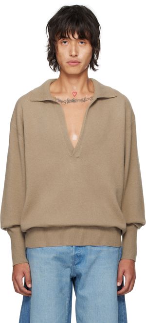 stein Polo beige en tricot de laine extrafine à col italien ouvert