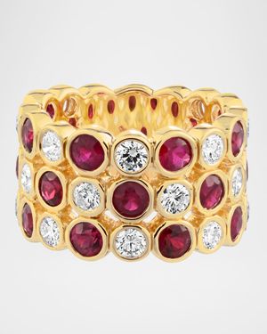 18K Yellow Gold Diamond and Ruby Three-Row Ring, Size 7
