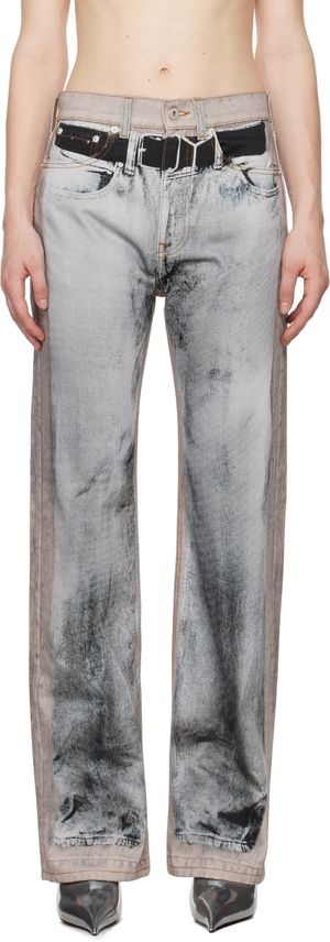 Y/Project Beige & Gray 'YP' Trompe L'oeil Jeans