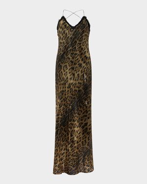 Jaguar-Print Sequined Backless Maxi Slip Dress