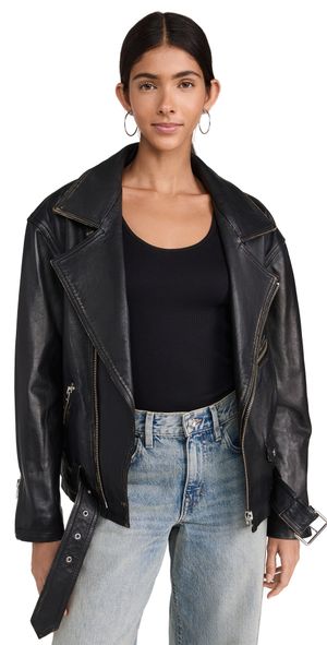 IRO Dylan Leather Biker Jacket Black Beige 38