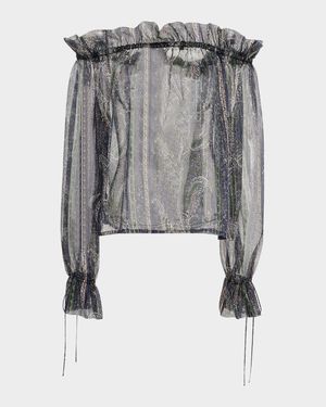 Metallic Paisley Ruffle Off-The-Shoulder Blouse