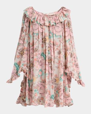 Ruffle-Trim Silk Mini Shift Dress