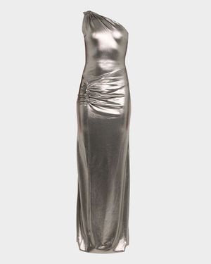 Ruched One-Shoulder Metallic Jersey Gown