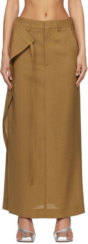 MM6 Maison Margiela Jupe longue façon tailleur brun clair en canevas de laine à attache à nouer
