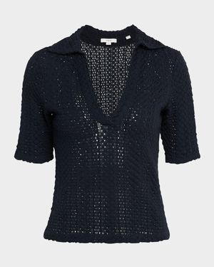 Knit Elbow-Sleeve Polo Top
