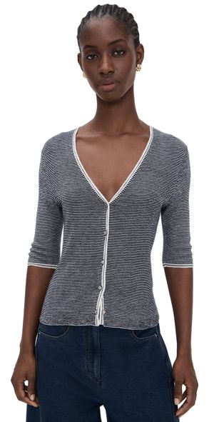 Vince Microstripe V Neck Cardigan Off White/Coastal S