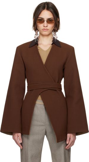 Tory Burch Brown Asymmetrical Pique Wrap Blazer