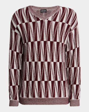 Men's Jacquard Stitch Cashmere Blend V-Neck Sweater