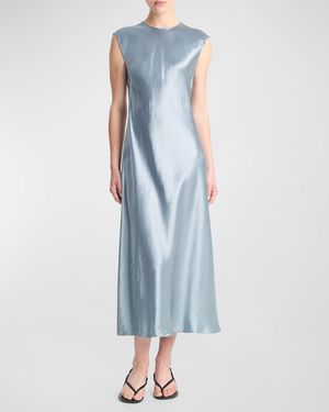 Bias Satin Crewneck Cap-Sleeve Midi Dress
