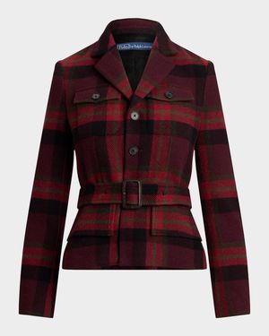 Belted Wool-Blend Plaid Tweed Jacket