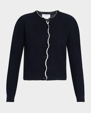 Textured Stitch Crew Neck Cardigan In Wool Crepe