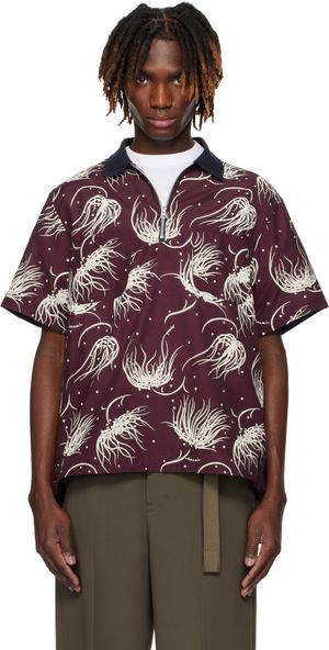 sacai Polo bourgogne à motifs fleuri et à pois imprimés