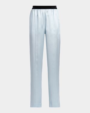 Stretch Silk Satin Straight-Leg Pull-On Pants