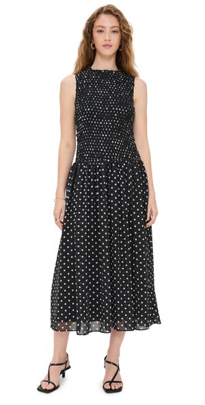 endless rose Smocked Drop Waist Polka Dot Maxi Dress Black/White S