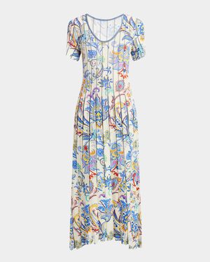 Blue Bouquet Pleated Knit Midi Sweater Dress