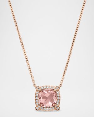 Petite Chatelaine Pave Bezel Pendant Necklace in 18K Yellow Gold with Morganite
