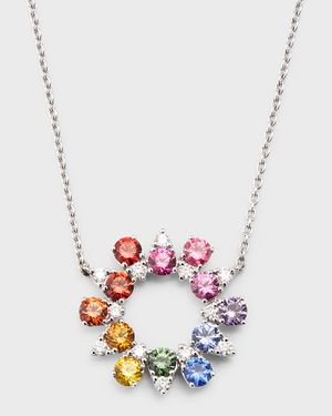 Rainbow 18K White Gold Round Sapphire and Diamond Pendant Necklace
