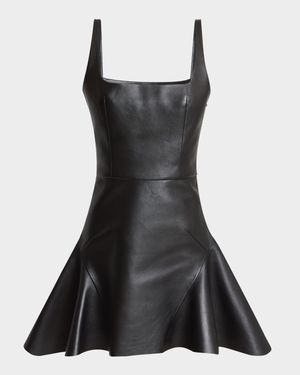 Square-Neck Leather Fit-&-Flare Mini Dress