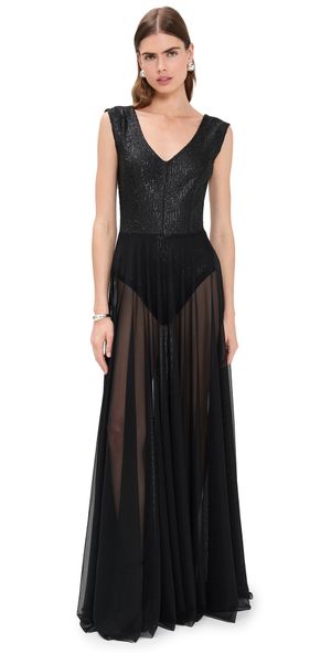 Norma Kamali Double Drop Shoulder Combo Flared Gown Black M