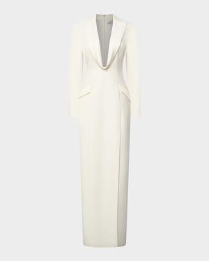 Sylvia Plunging Suiting Column Gown