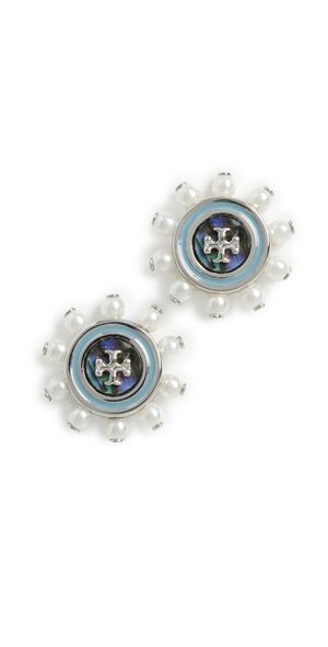 Tory Burch Crystal Stud Earrings Blue/Pearl One Size