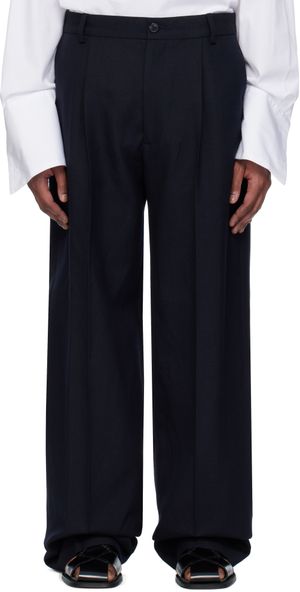 Dries Van Noten Pantalon bleu marine en serge de laine