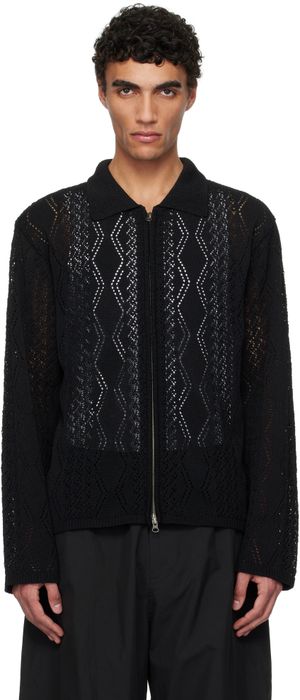 AMOMENTO Black Crochet Zip-Up Cardigan