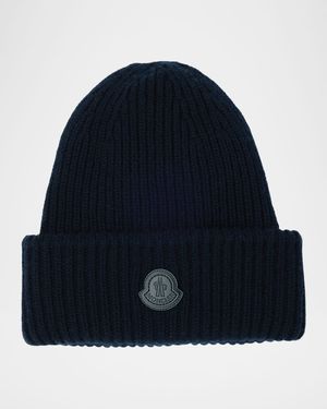 Men's Cashmere Rib Leather-Logo Beanie Hat