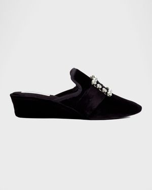 Crystal Velvet Jewel Wedge Slippers
