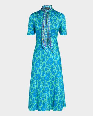 Tile-Print Neck-Tie Silk Midi Dress