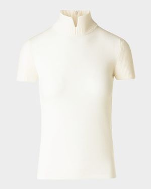 Slit Mock-Neck Short-Sleeve Sweater