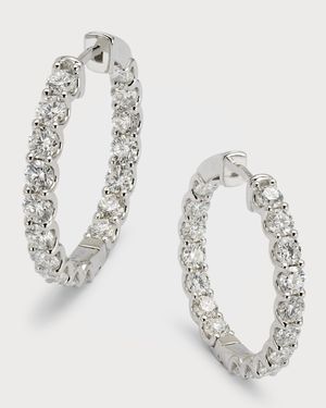 18K White Gold Round Diamond Hoop Earrings, 1"L