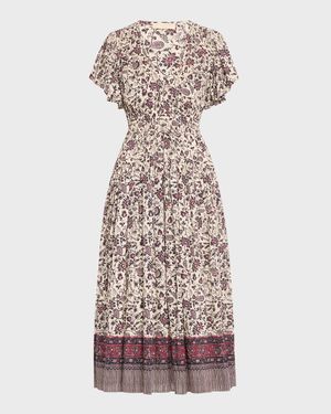 Lyria Flutter-Sleeve Floral Midi Dress