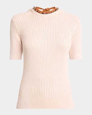 Tonia Beaded Short-Sleeve Low-Back Sweater