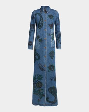 Flower and Bee Printed Denim Maxi Trench Coat