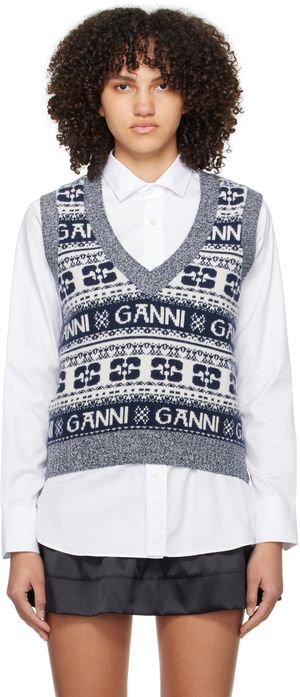 GANNI White & Navy Jacquard Vest