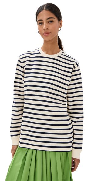 Tibi Striped Perfect Tee Crew Neck Navy Multi XS